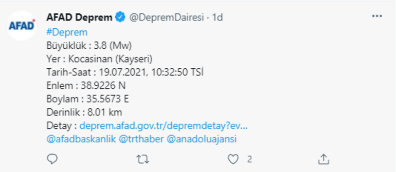 Kayseri'de 3.8 büyüklüğünde deprem - Resim : 1