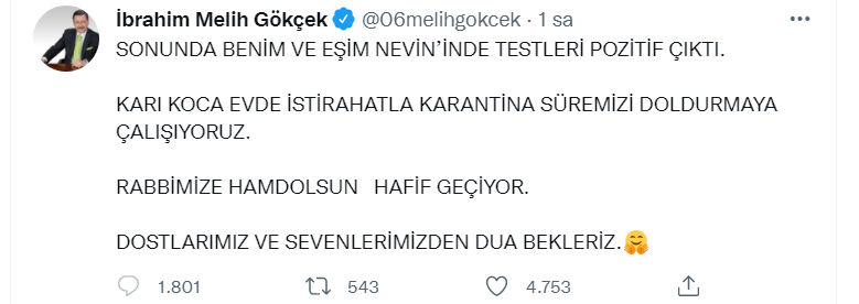 Melih Gökçek'in Covid-19 testi pozitif çıktı - Resim : 1