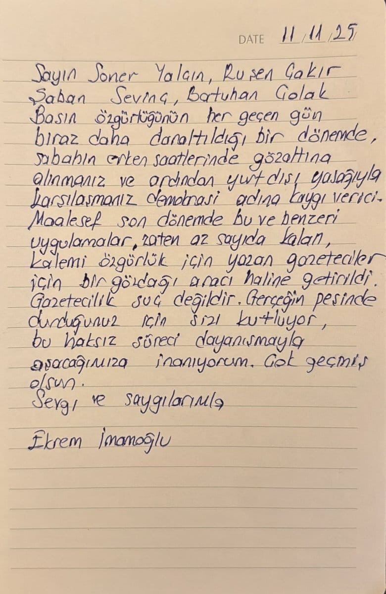 İmamoğlu'ndan İBB soruşturmasında ifadeye çağrılan gazetecilere mektup - Resim : 1