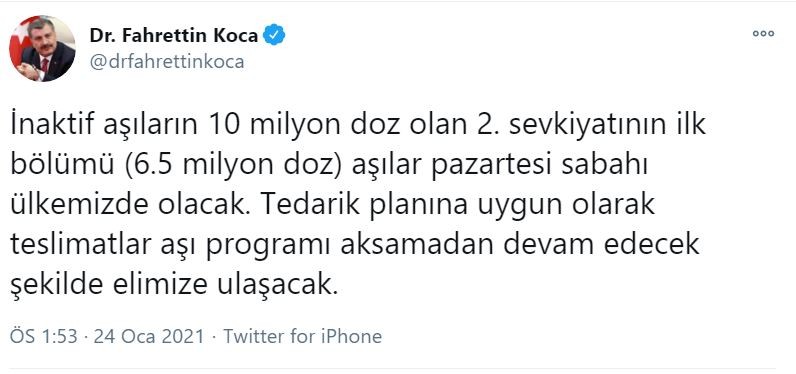 Erdoğan '10 milyon doz' demişti, 6 buçuk milyon doz aşı yarın geliyor - Resim : 1