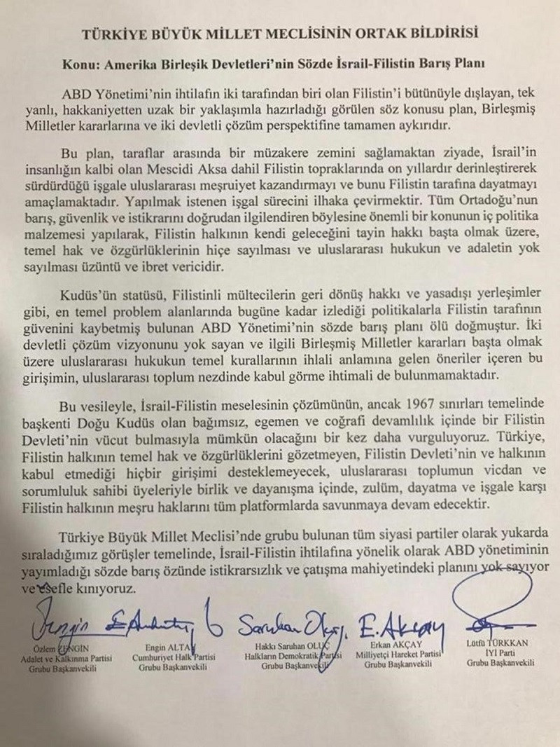 Meclis'teki partilerden ABD'nin 'Ortadoğu barış planı'na kınama - Resim : 1