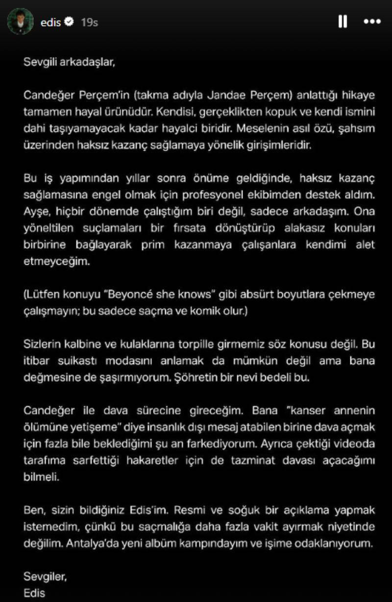 Jandae Perçem'e Edis'ten yanıt: Haksız kazanç sağlama girişimi - Resim : 1