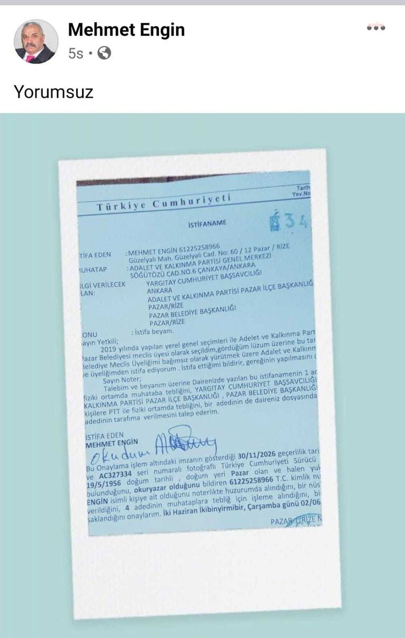 Rize’de AKP'li meclis üyesinden 'yorumsuz' istifa - Resim : 1