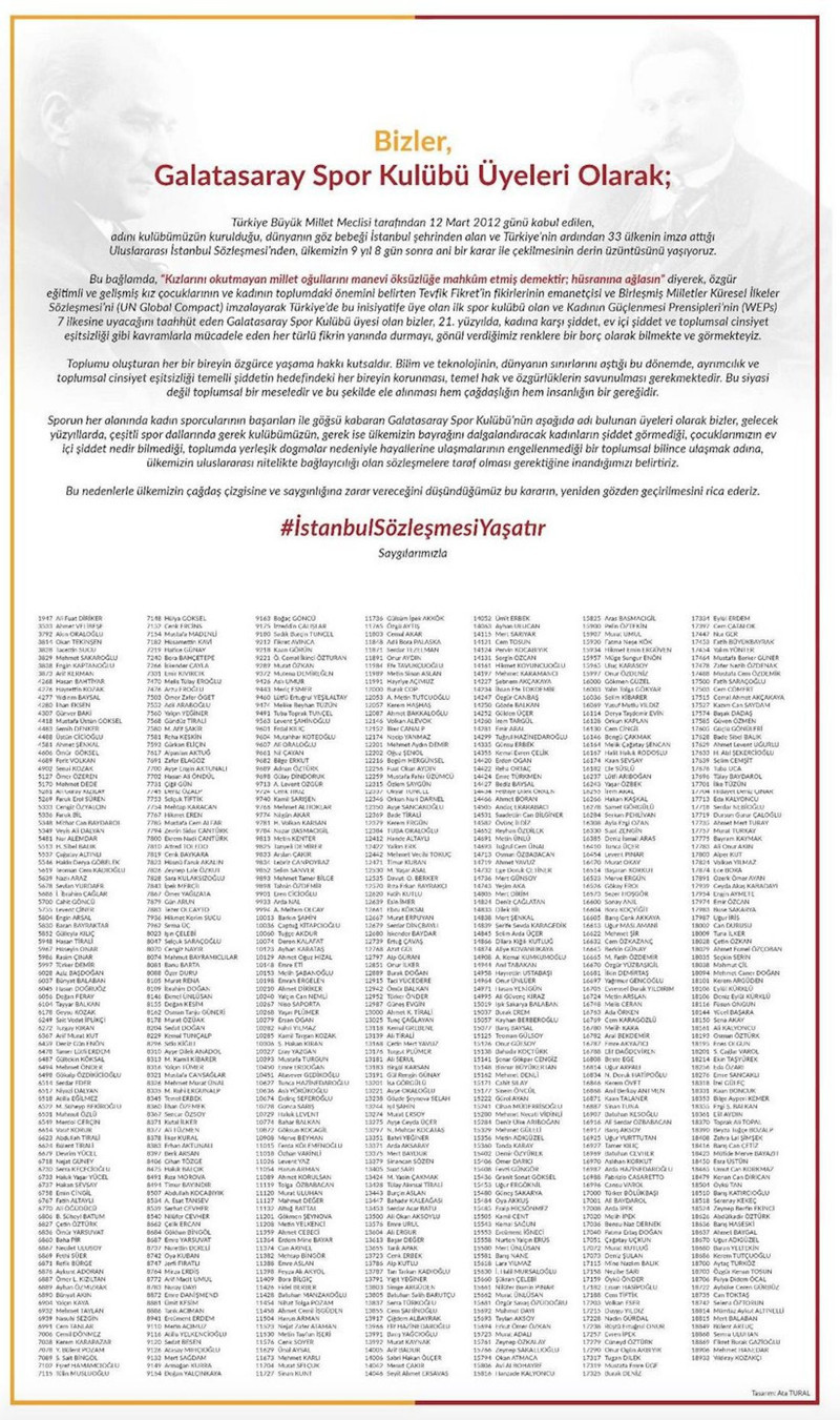 Galatasaray'ın 677 üyesinden İstanbul Sözleşmesi ilanı - Resim : 1