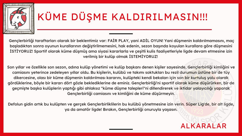 'Küme düşme kaldırılsın' taleplerine Gençlerbirliği taraftarlarından tepki - Resim : 1