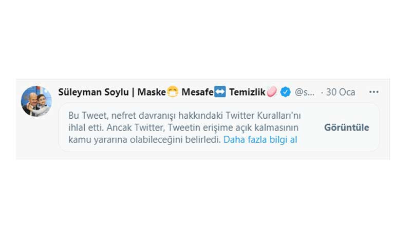 Soylu'nun 'nefret suçu işleyen' paylaşımına Twitter'dan kısıtlama - Resim : 1
