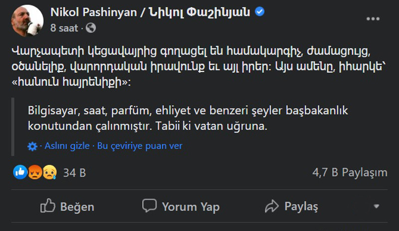 Paşinyan'ın 'Kişisel eşyalarım çalındı' paylaşımına tepki - Resim : 1