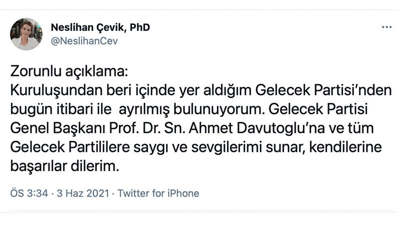 Gelecek Partisi Genel Başkan Yardımcısı Çevik istifa etti - Resim : 1