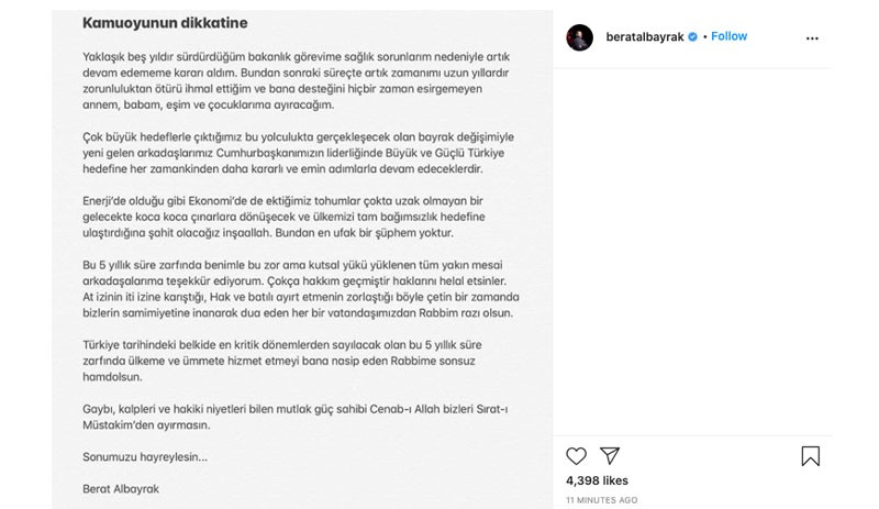 Damat Berat Albayrak'ın hesabından istifa duyurusu - Resim : 1