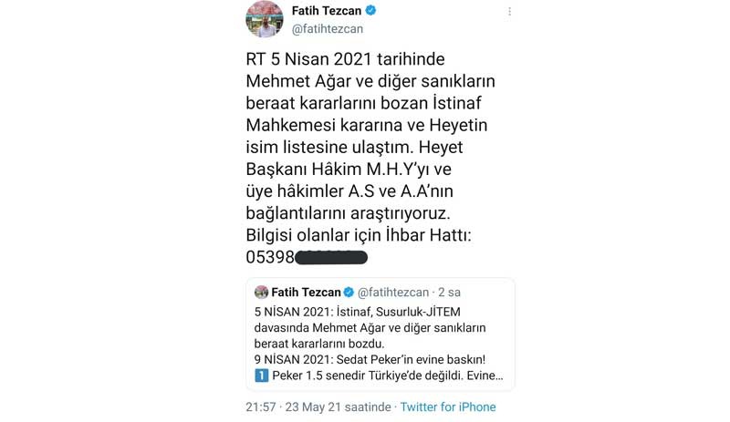 Fatih Tezcan, Susurluk JİTEM davasında beraat kararını bozan mahkeme heyetini hedef gösterdi - Resim : 1