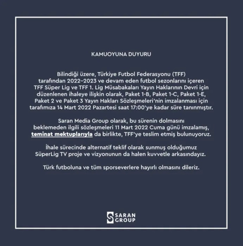 Saran Group'tan yayın ihalesi açıklaması - Resim : 1