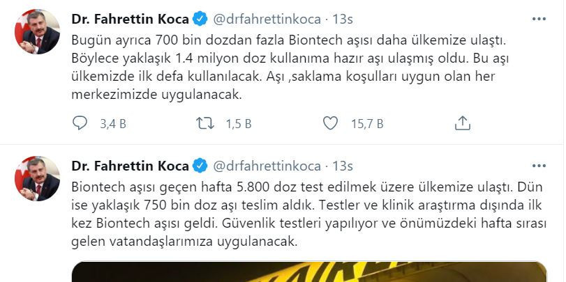 1 milyon 400 bin doz Biontech aşısı Türkiye'ye geldi: İlk defa kullanılacak - Resim : 1