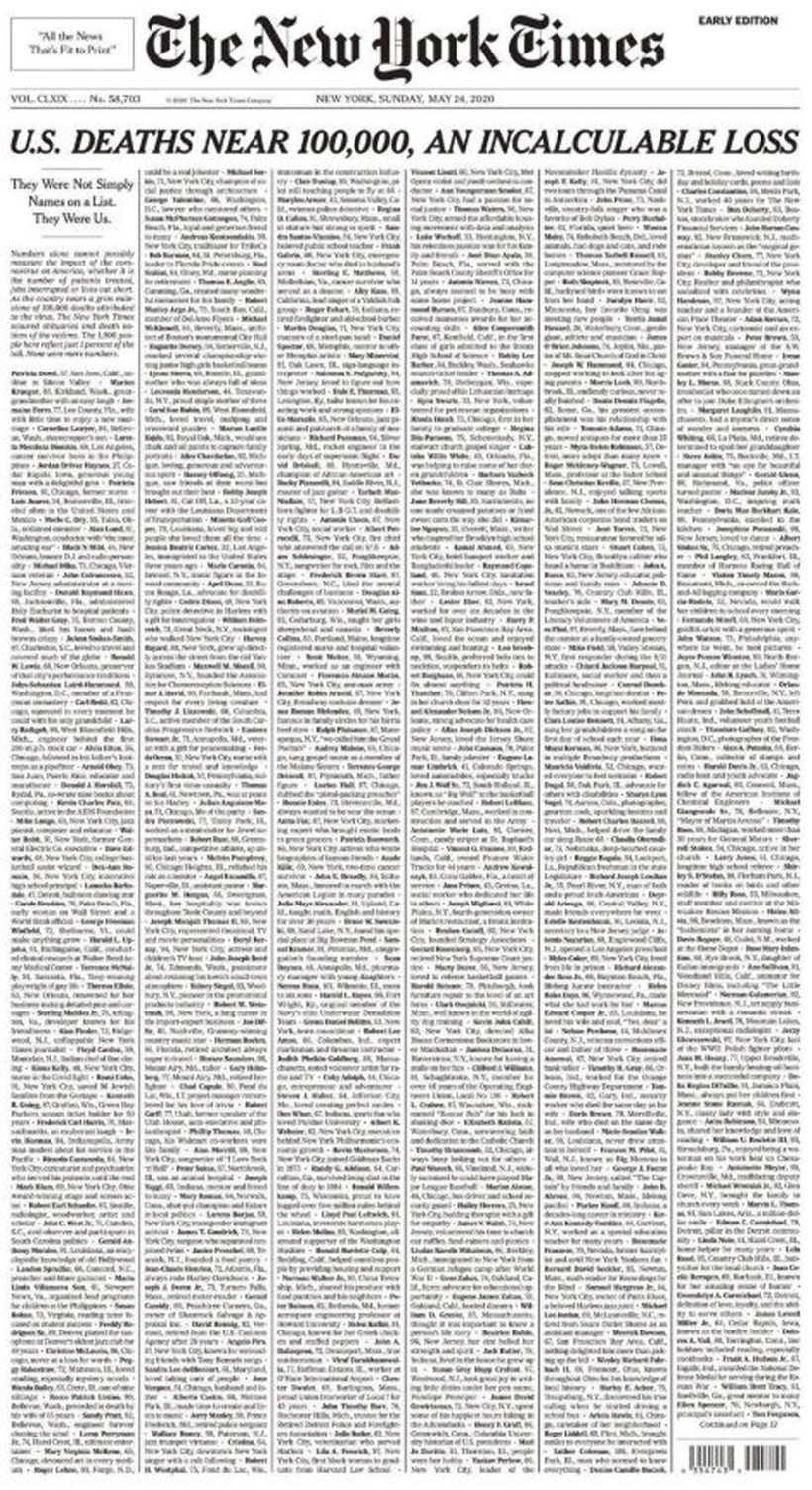 New York Times salgında ölenlerin isimlerini manşet yaptı - Resim : 1